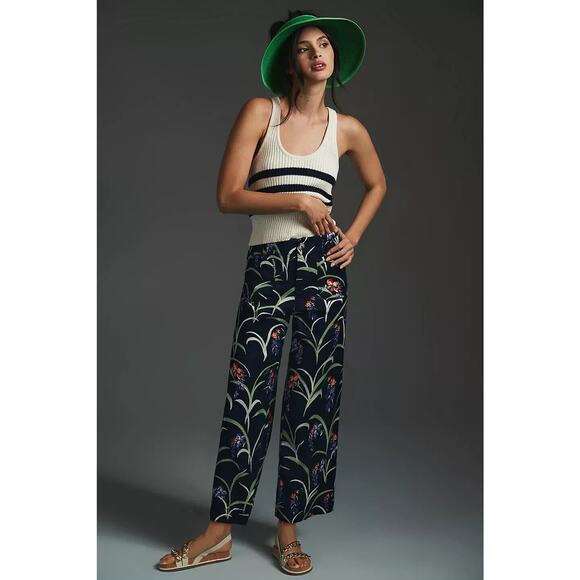 NWT Maeve The Colette Cropped Wide-Leg Linen Pants Sz 27 Dark Blue Floral #7E404 - Picture 1 of 12